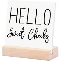 Ceramic Sign 4x4Inch Funny Bathroom Plaque Sign with Wood Stand Hello Sweet Cheeks For Bathroom Shelf Toilet Restroom Home Tabletop Desk Decor Rustic Bathroom Sign Decor Gift For Women Men