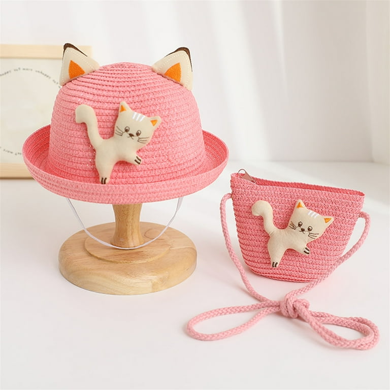 Girls Summer Sun Hat and Bag Set, Toddler Baby Cute Cartoon Cat