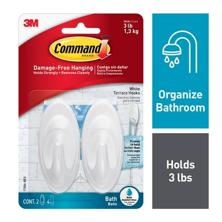 Command Bath Terrace Hooks, Quartz, 2 Wall Hooks, 4 Water Resistant Strips, Bathroom Organization