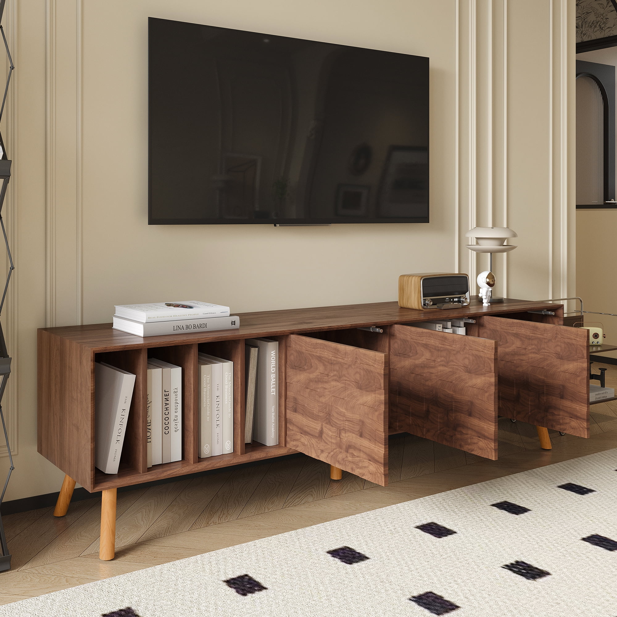 Euroco 70" Mid-Century Modern TV Stand, Media Console Table for TVs up to 80'', Entertainment Center with 5 Solid Wood Legs for Living Room, Bedroom