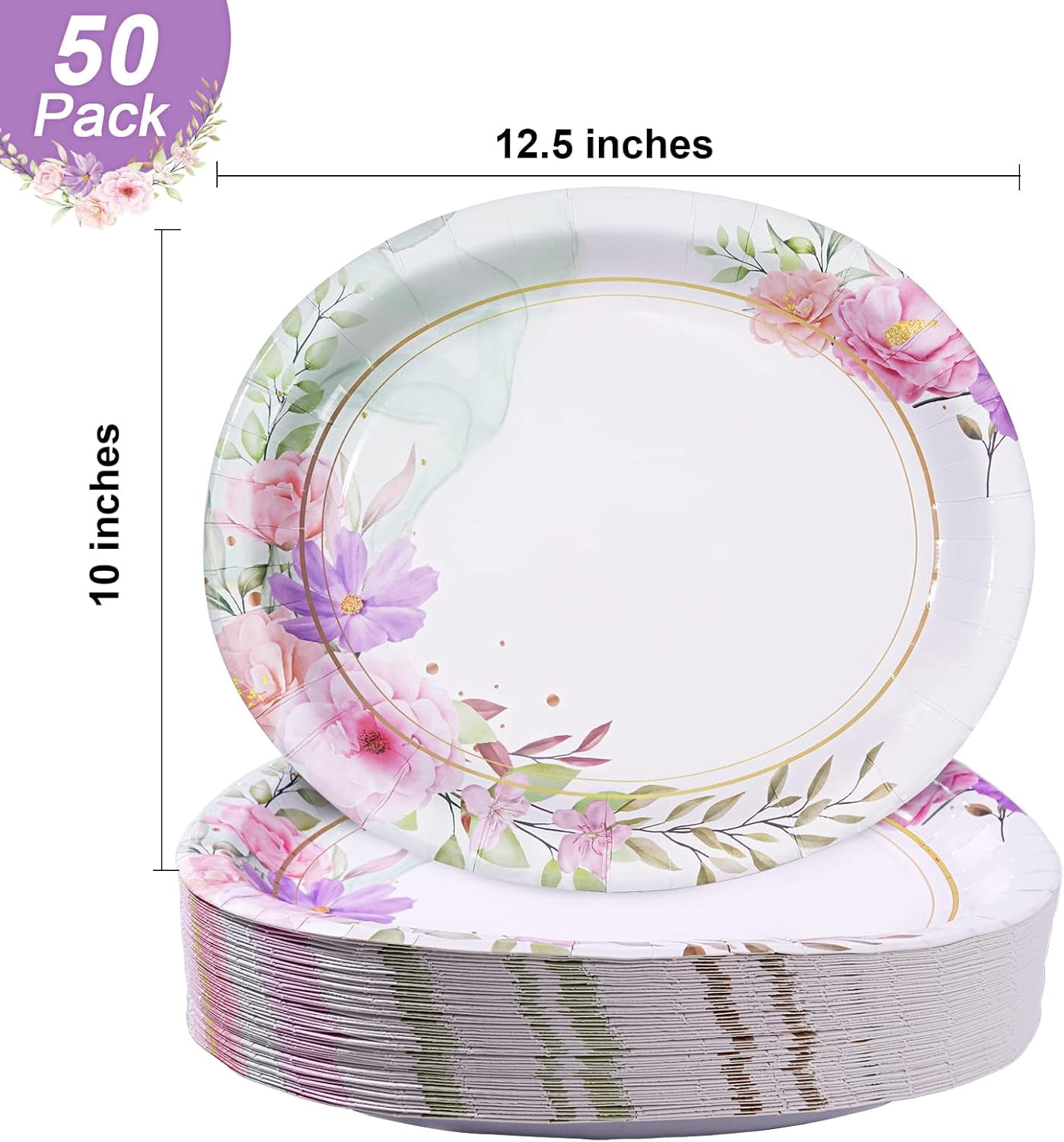 Floral Oval Paper Plates, Large Disposable Dinner Serving Platters Heavy Duty, for Wedding, Party Supplies