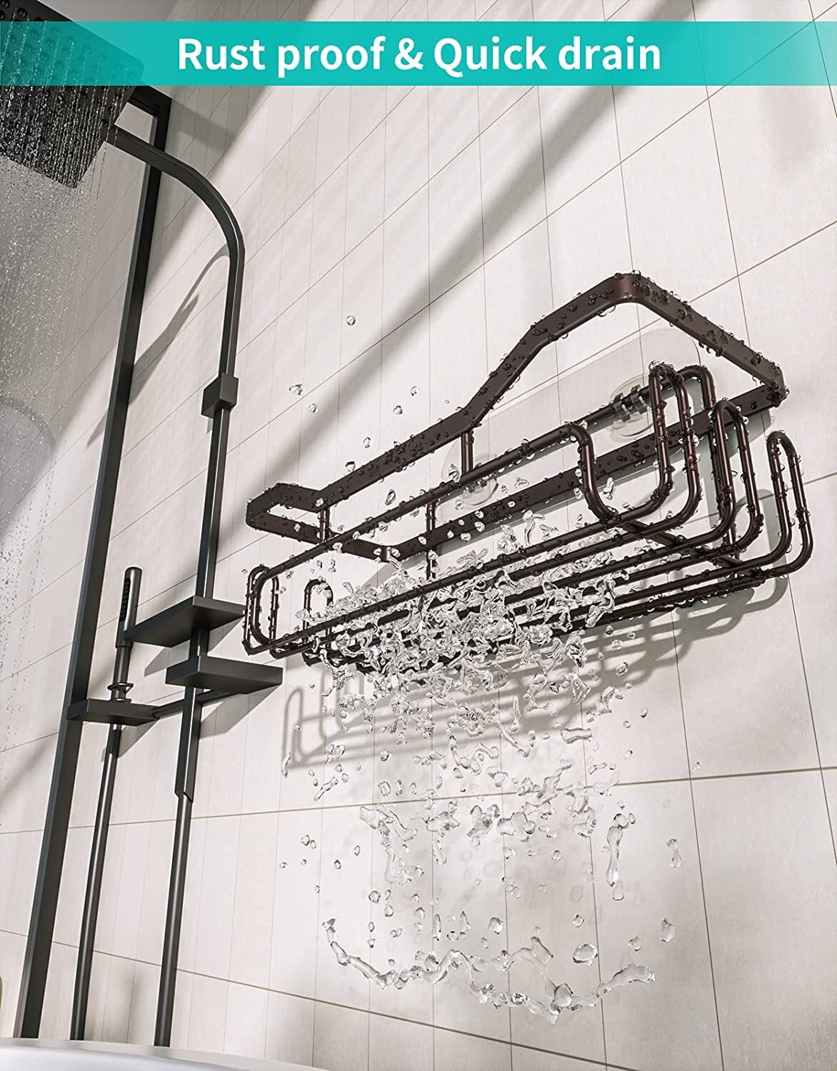 HapiRm Shower Caddy over Shower Head, Rustproof & Waterproof Shower Shelf  with 4 Movable Hooks, No Drilling Black Shower Rack Hanging for