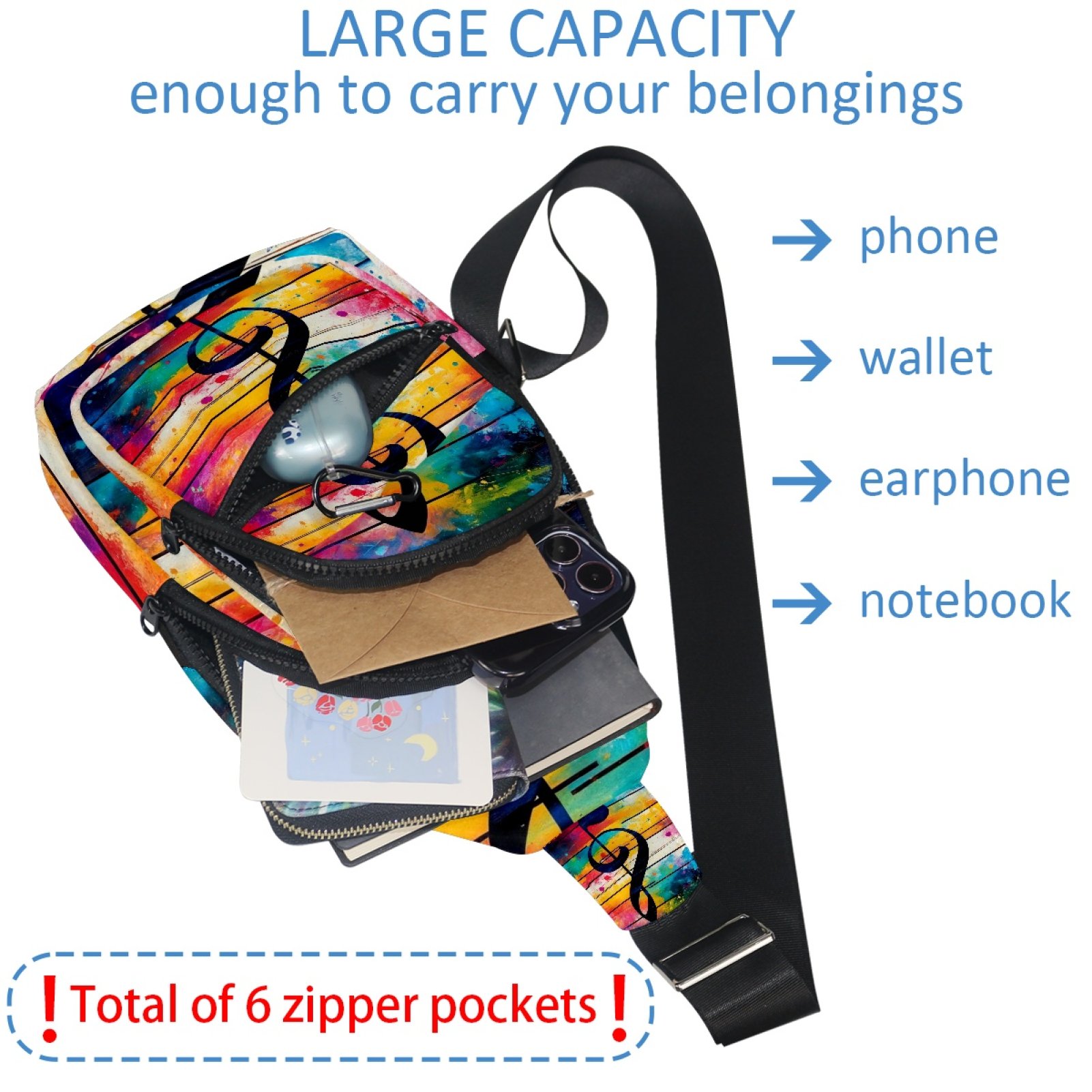 ERJLKXP Tie Dye Music Notes Small Mens Women Crossbody Chest Bag, Travel Over Shoulder Sling Bag Backpack Men Side Bag,Daypack