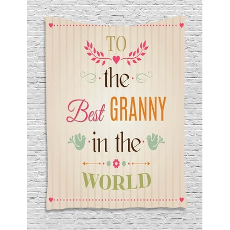 Grandma Tapestry, Best Granny Quote with Bird Silhouettes Leaves and Arrows on Stripes Background, Wall Hanging for Bedroom Living Room Dorm Decor, 60W X 80L Inches, Multicolor, by