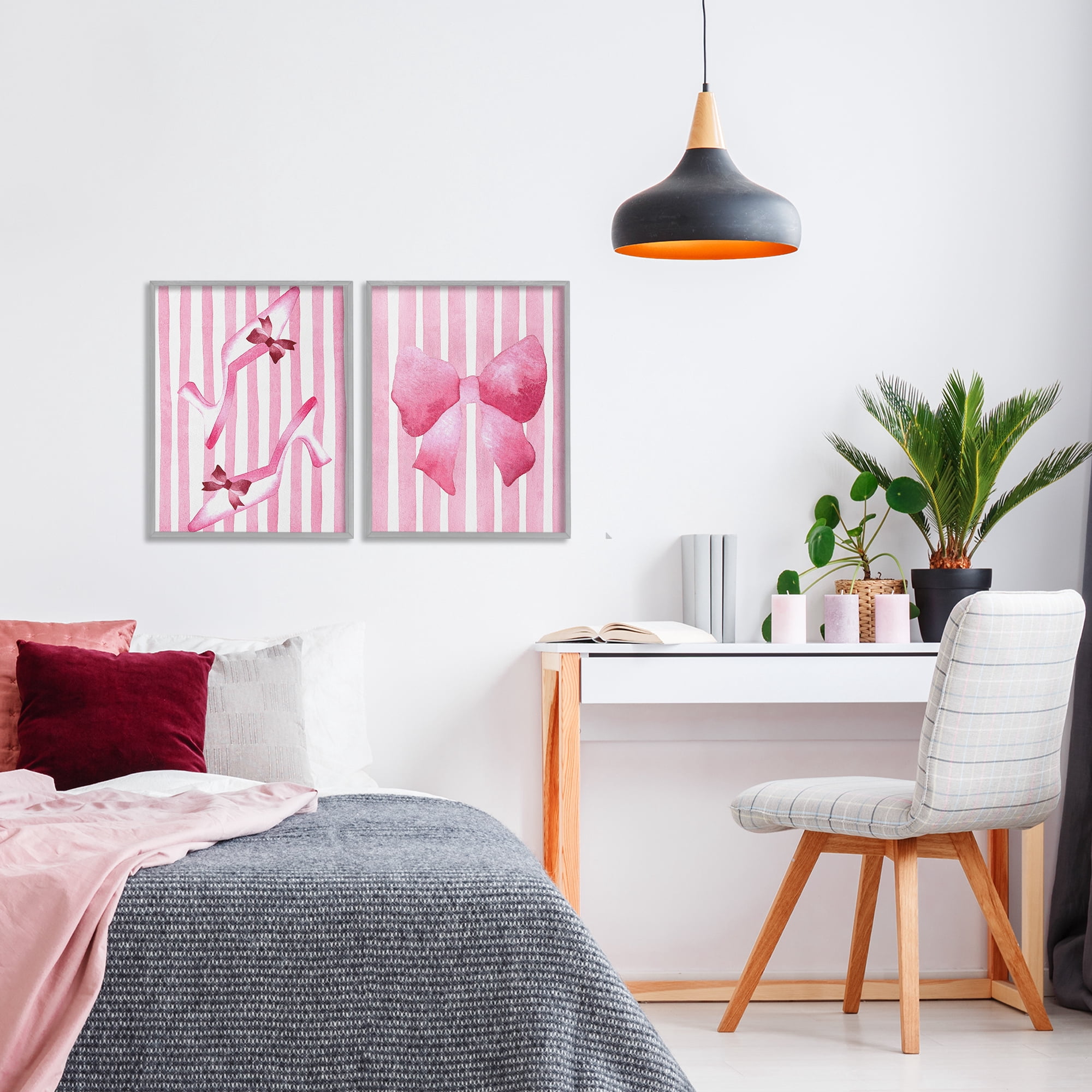 Stupell Industries Feminine Chic Bows Pink Stripes 2 Piece Gray Framed Giclee Art Set, design by Camila Juncos