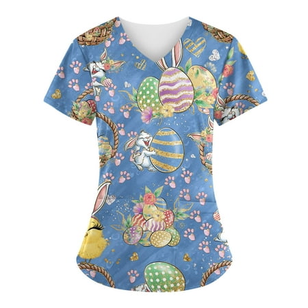 

Women s Printed Scrub Tops Plus Size V-Neck Easter Bunny Pattern T Shirts Workwear Nurse Uniform Tee with Pockets