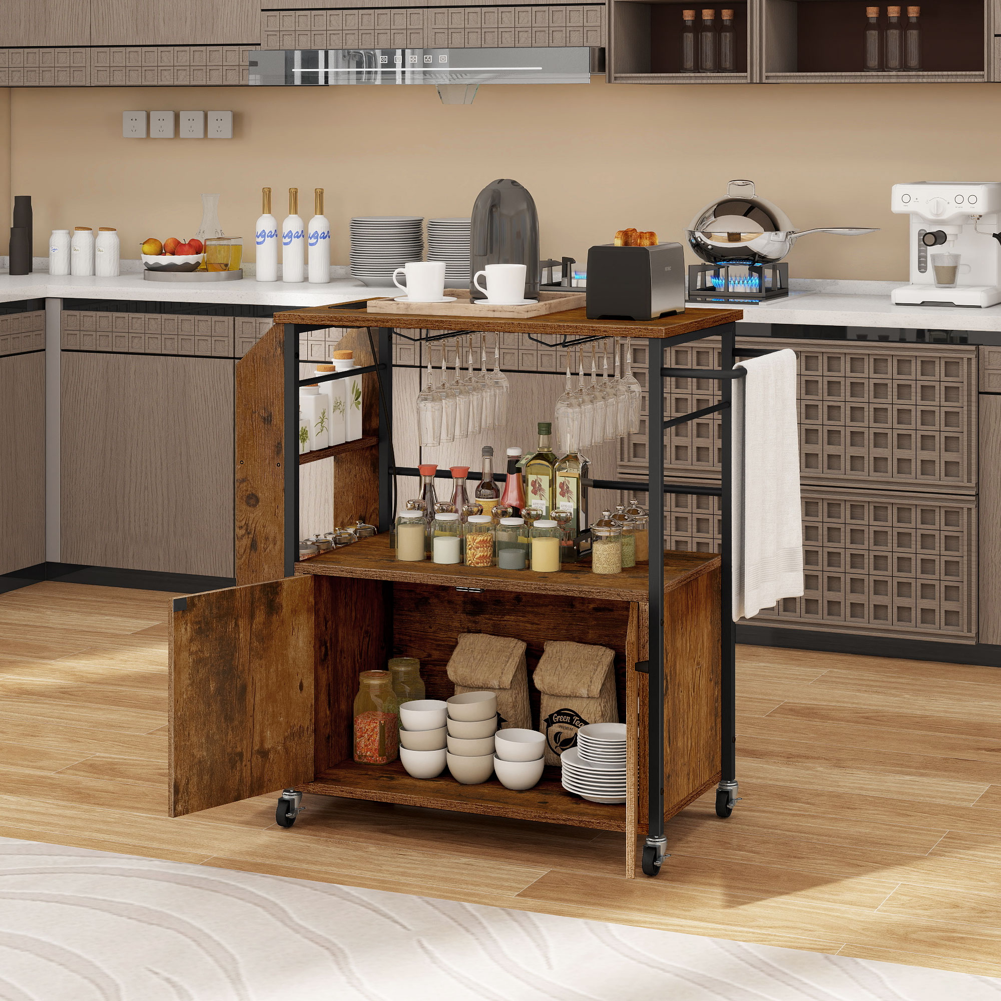 Craftian Kitchen Storage Cart Trolley with Storage Shelves, Kitchen Island Cart with Power Outlets & Doors, Brown