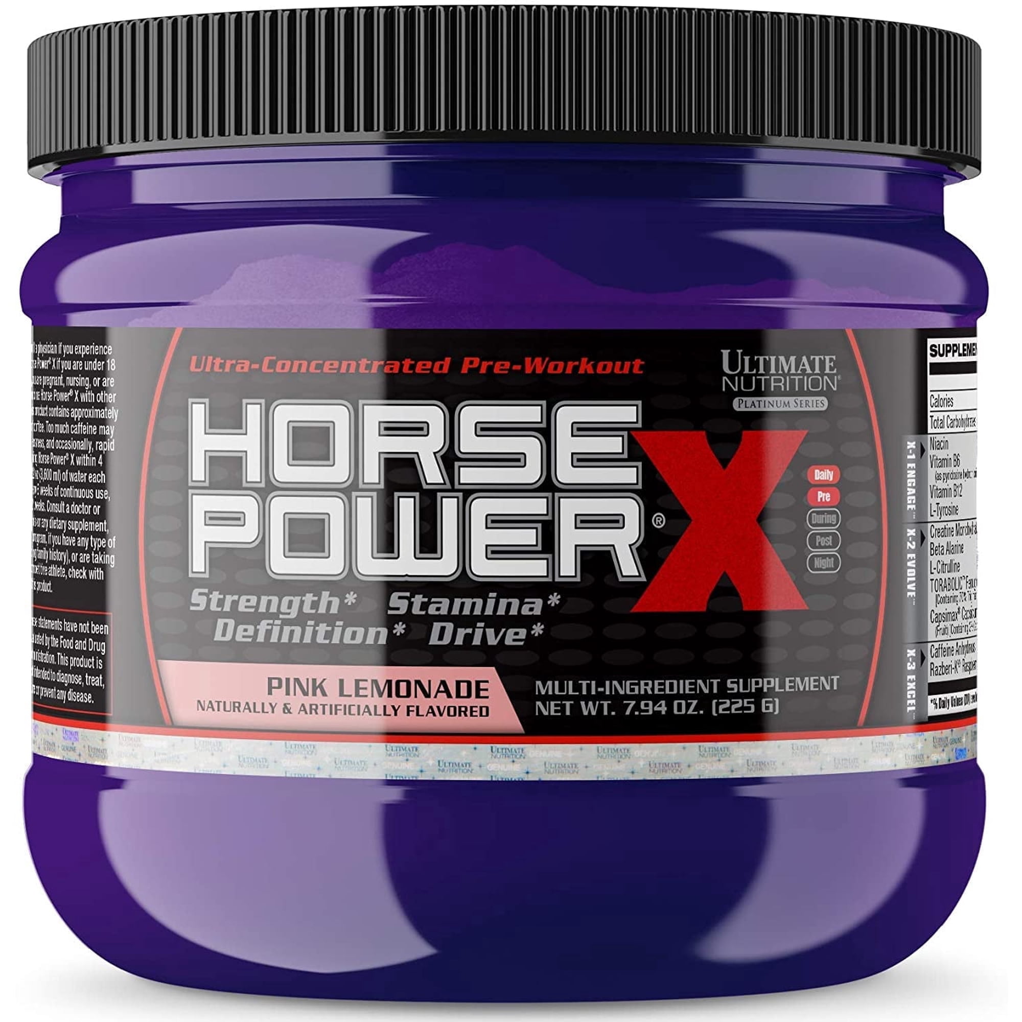 Ultimate Nutrition Horse Power X, Concentrated Pre Workout Supplement, Creatine and Vitamin B12, Low Carb, Support Strength, Pink Lemonade, 7.94oz (225g)