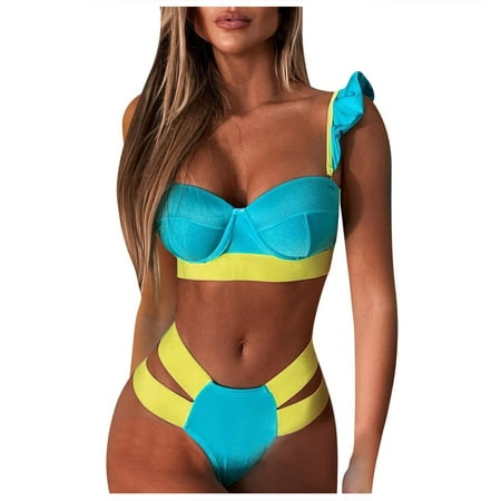 

Bikini Women High Bikini Push-Up Set Bathing Waisted Swimsuit Falbala Women Swimwears Tankinis Set