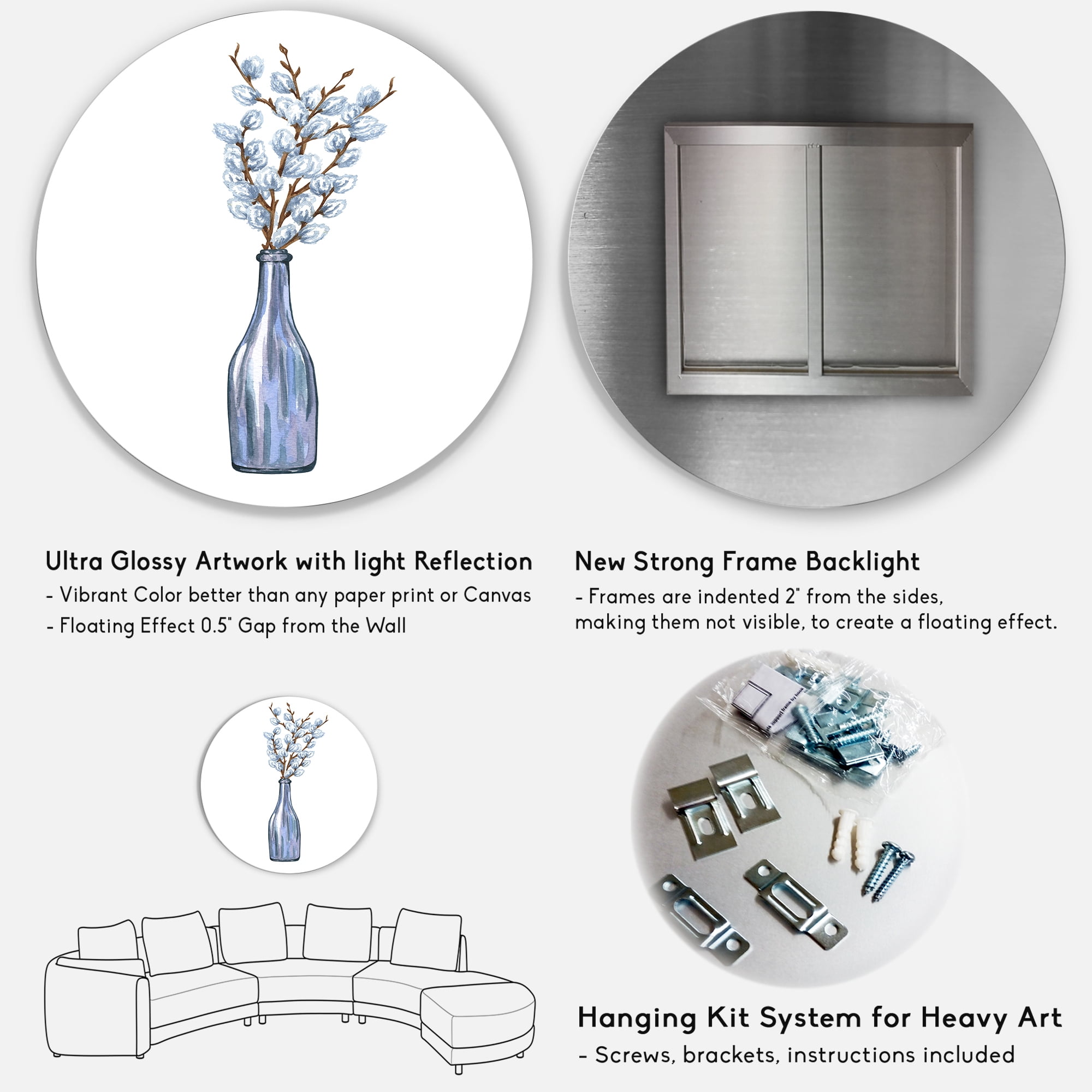 Designart 'Bunch of White Pussy Willow Twigs II' Farmhouse Circle Metal Wall Art 11x11 - Disc of 11