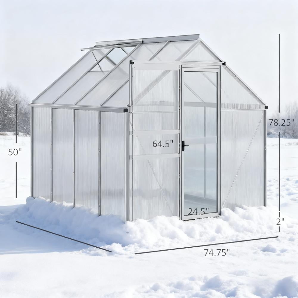6x8 FT Greenhouse, Easy Assembly Polycarbonate Greenhouses with Adjustable Roof Vent, Large Aluminum Walk-in Greenhouse with Sliding Door, Silver