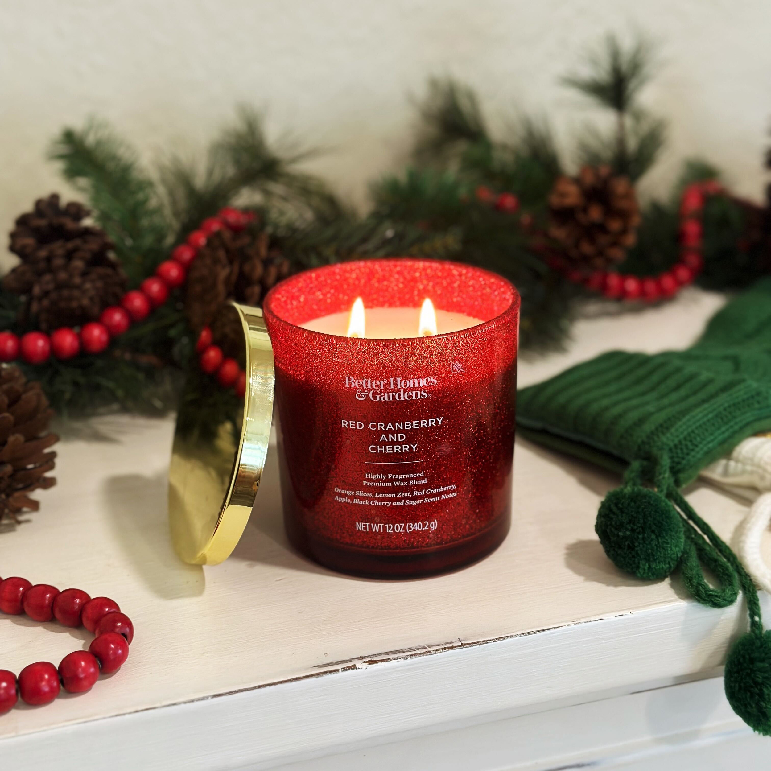 Better Homes & Gardens Red Cranberry & Cherry Scented 2 Wick Glitter 12oz Jar Candle