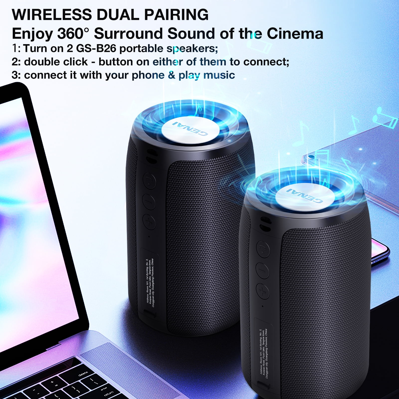 GENAI B26 Portable Bluetooth Speaker — Waterproof IPX6, Deep Bass Stereo, 24H Playtime, TWS Pairing, Compact Travel & Outdoor Wireless Speaker