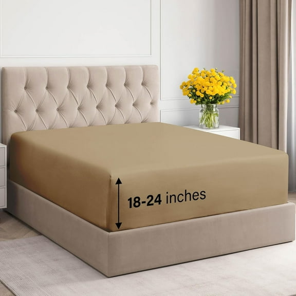 CGK Linens 400 Thread Count Extra Deep Pocket Single Fitted Sheet Only - Full Size 100% Cotton Sateen Bottom Sheet, Fits 18"-24" Mattresses, Beige
