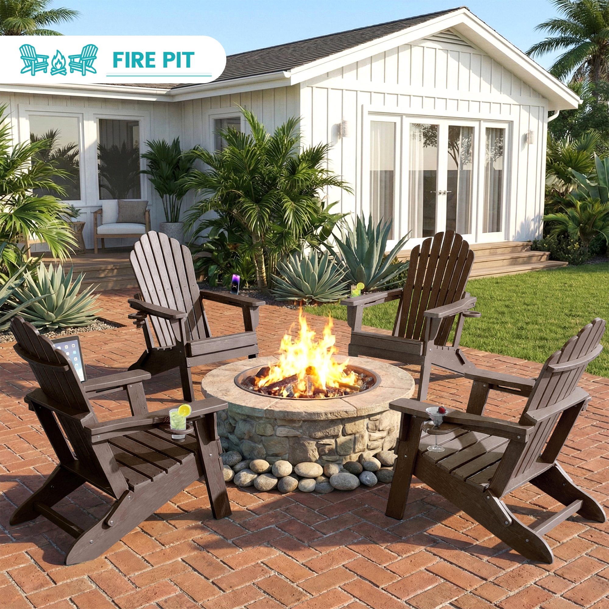 Cobiod Adirondack Chair, Foldable Lawn Chair with Dual Cup Holders, Weather Resistant High Back for Patio, Garden, Beach, Coffee