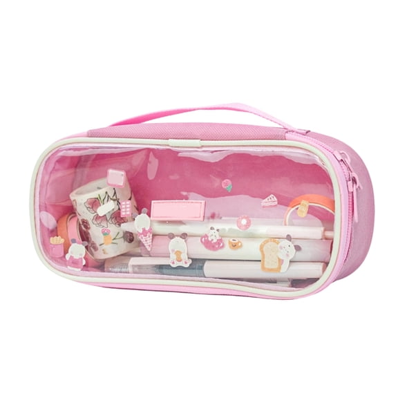 Large Capacity Pencil Case, Translucent Pink PVC Pouch with Handle, Waterproof Single Layer Pen Bag for Students Office School Supplies Stationery Organizer
