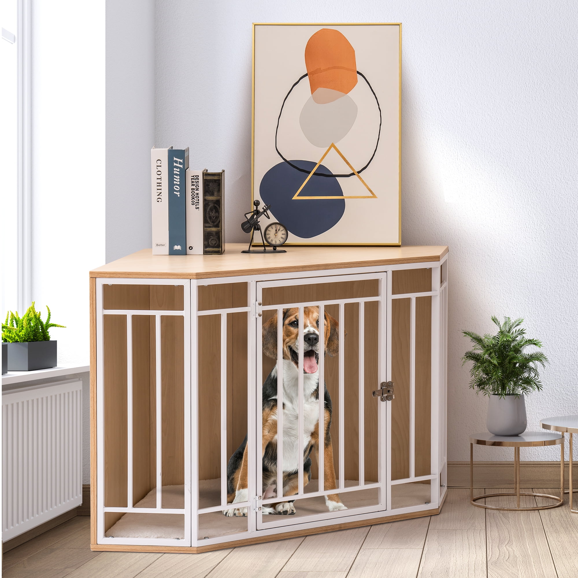 Pefilos 43" Dog Crate Furniture with Cushion, Wooden Dog Cage Dog House Furniture, Indoor Dog Kennel for Small/Medium,End Table, Beige Pefilos 43" Dog Crate Furniture with Cushion, Wooden Dog Cage Dog House Furniture, Indoor Dog Kennel for Small/Medium,End Table, Beige