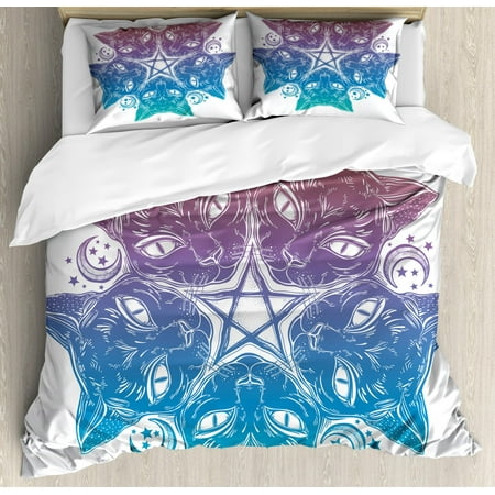 King Size Head Pentacle King Size Duvet Cover Set, Heads of Black Cats Forming a Mandala Design with Crescent Moon Pentagram Star, Decorative 3 Piece Bedding Set with 2 Pillow Shams, Multicolor, by Ambesonne ()