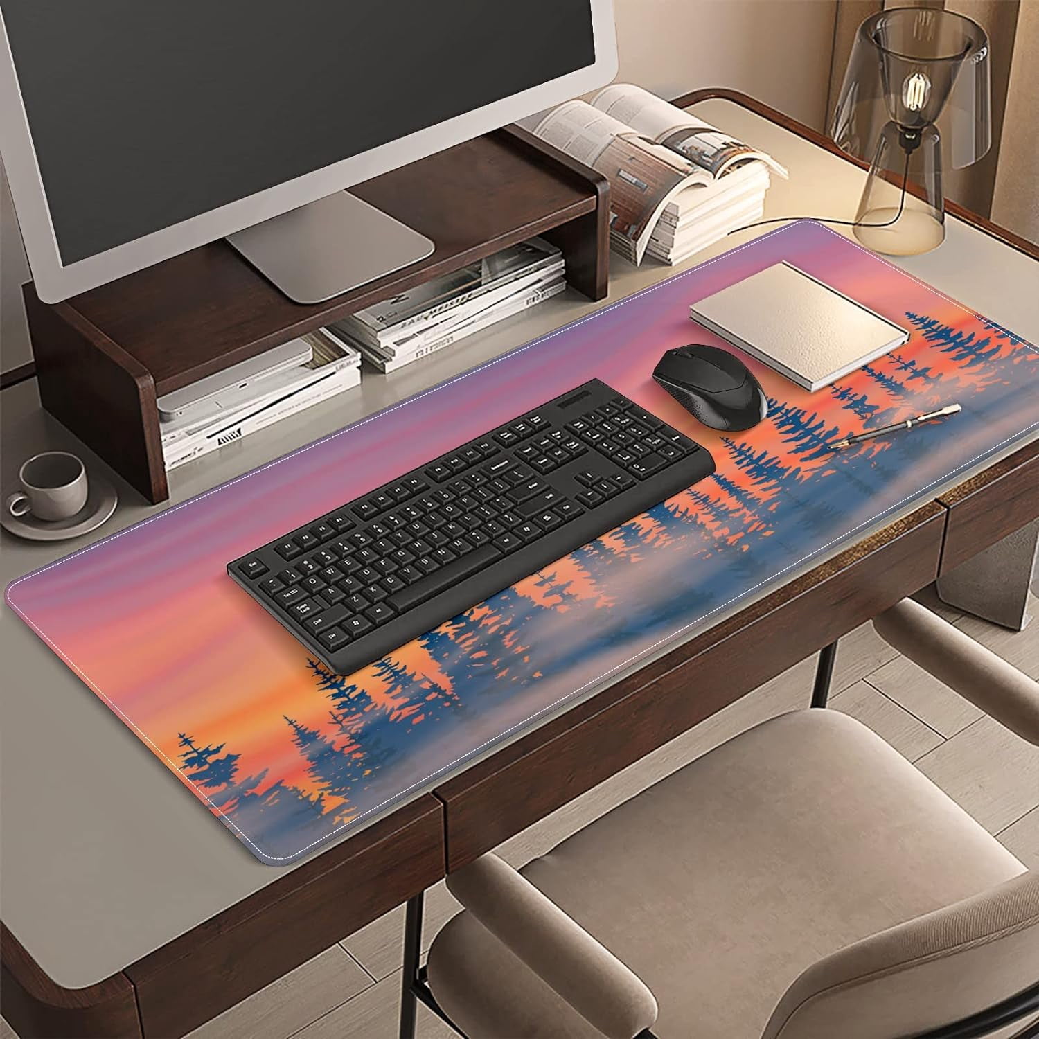 Gradient Forest Sunset Desk Mat, Desk Accessory, Cute Workspace, Trendy Workspace, Trendy, 35.4x15.7in Large Gaming Mouse Pad, Cute Desk Topper, Pretty Desk Pad
