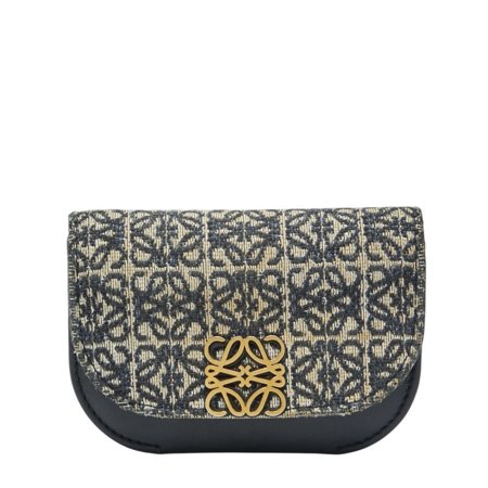 Pre-Owned LOEWE Repeat Anagram Goya Wallet/Coin Case Navy/Beige Canvas Leather Women s (Good)
