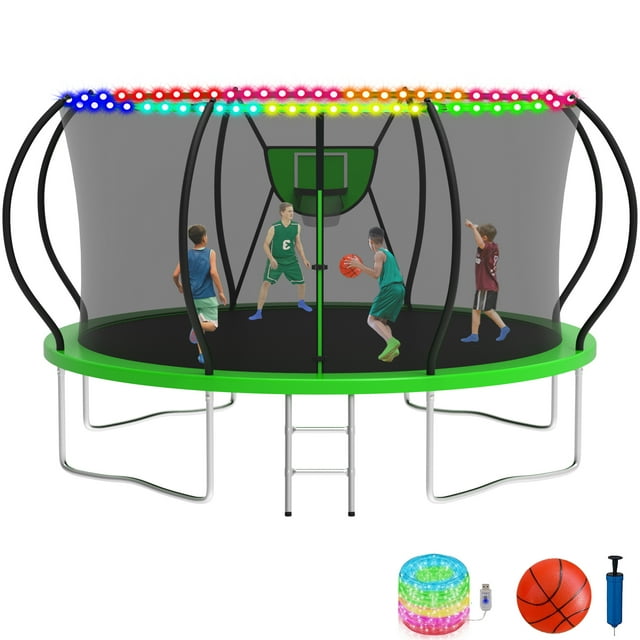 KOFUN Trampoline 12FT, Heavy Duty Backyard Trampoline with Basketball Hoop, Enclosure Net, Ladder, Light, A Ball, Outdoor Trampoline for Kids and Adults Capability 1200LBS, Green