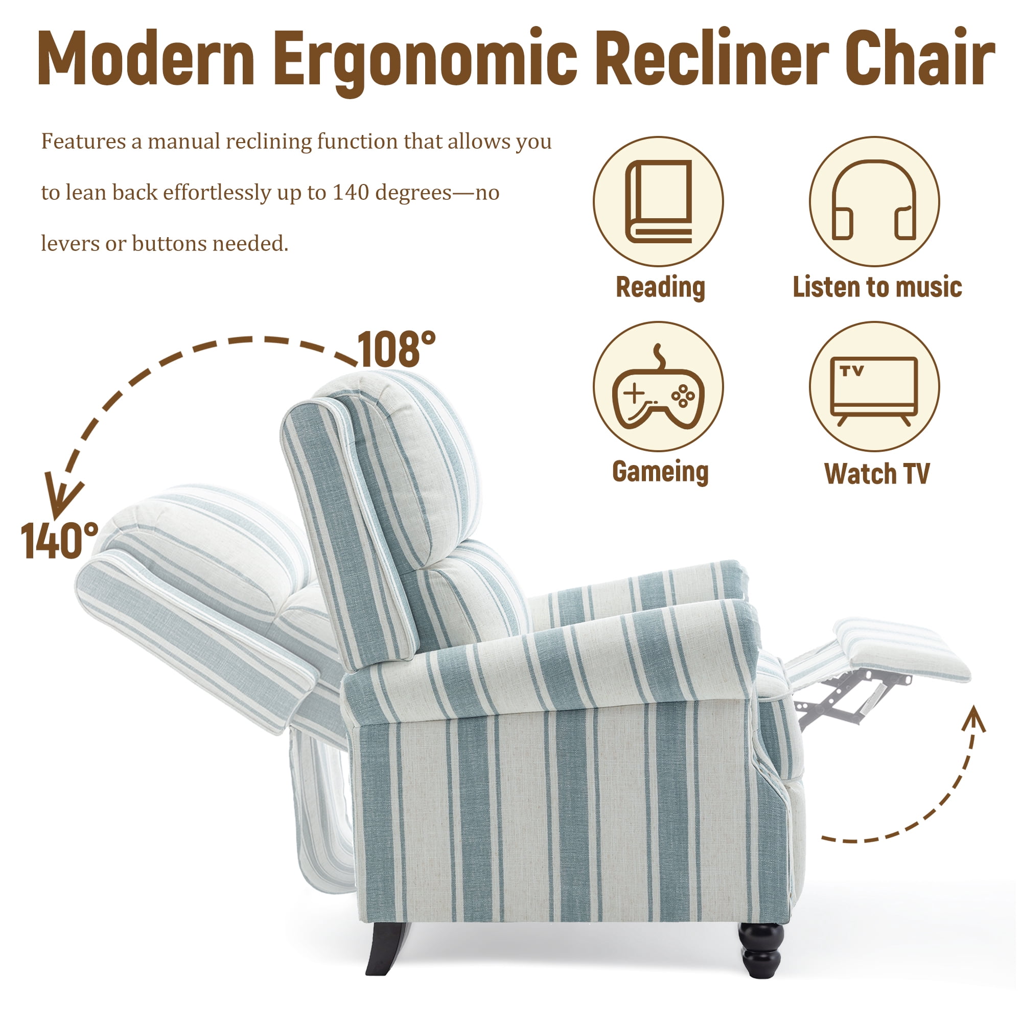UIXE Stripe Pushback Recliner Chair Fabric Armchair Push Back Recliner Club Chairs Home Living Room, Stripe Blue