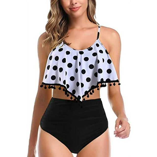 Women High Waisted Bikini Ruffle Swimsuit Flounce Pom Pom Trim Two Piece Bathing Suit Tassel Black Dots (M