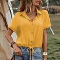 thumbnail image 5 of Tfken Summer Women Tshirts Lapel Neck Short Sleeve Solid Color Tops With Button Casual Daily Wear Female Soft Shirts Yellow, 5 of 5