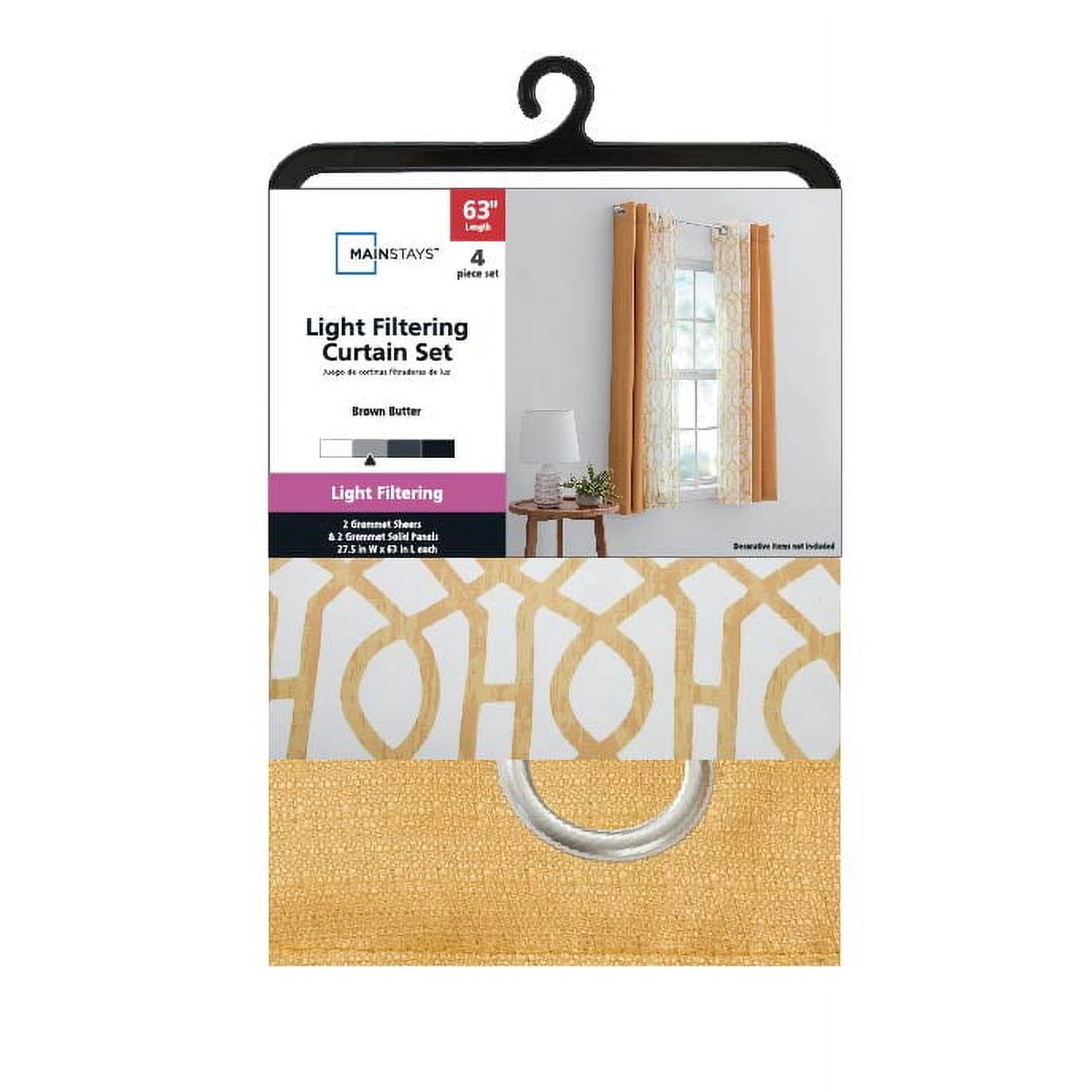 Mainstays Kingswood Grommet Top Curtain and Sheers, 4 Panels, Brown Sugar, 27.5" W x 63” L