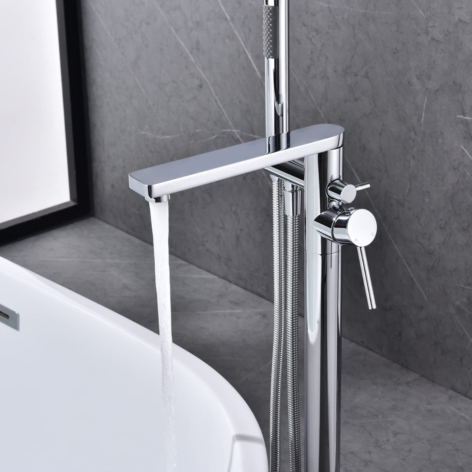 Dawot Freestanding Bathtub Faucet, 2 Function Brass Chrome Tub Filler Chrome Floor Mount Brass, Single Handle Bathroom Faucets with Hand Shower