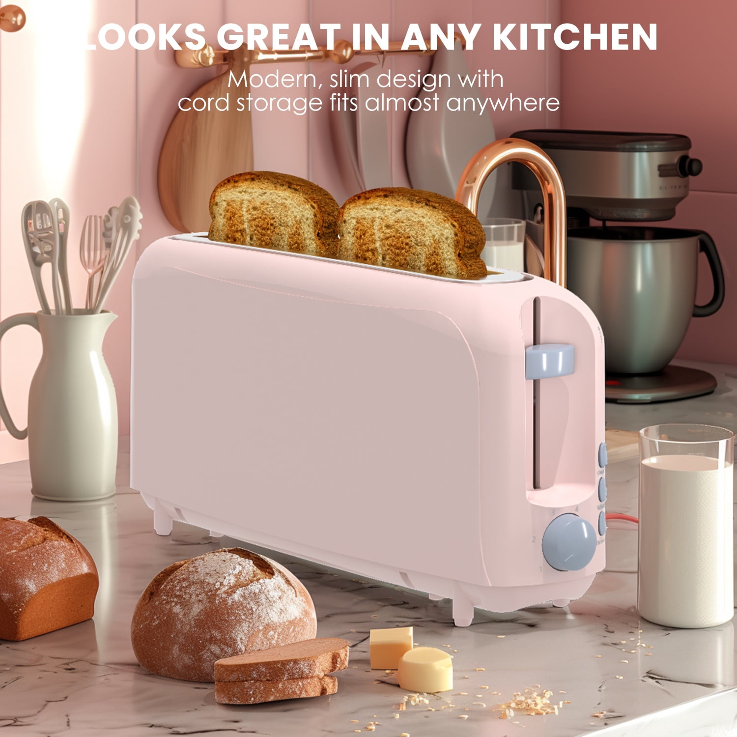 Slim 2-Slice Toaster, 10" Long Slot,6 Shade Settings with Cancel, Reheat & Defrost, Auto Shut off, Removable Crumb Tray，Pink