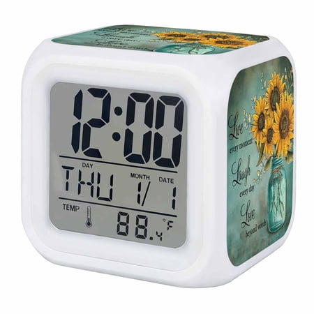 Vintage Sunflower Digital Alarm Clock for Bedrooms, Smart LED Alarm Clock with 7 Color Changing Night Light, Teal Retro Summer Botanical Floral Silent Wake Up Clocks for Sleep Study Cooking 3.2x3.2