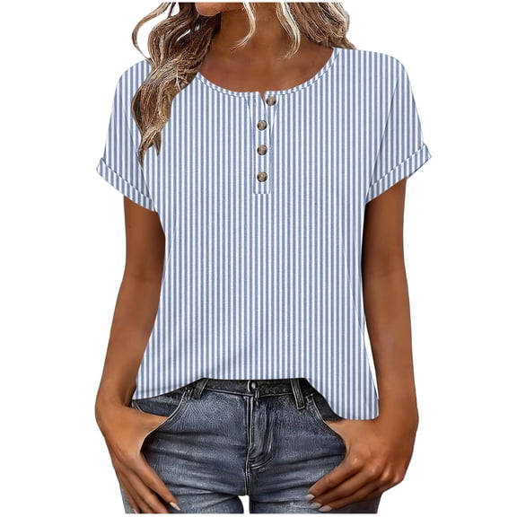 Htigea Women's Striped T-Shirts Short Sleeve Crewneck Henley Shirt Dressy Button Down Pullover Tops Summer Tees Light Blue S