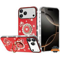 For Apple iPhone 17 PRO MAX Fashion Glitter Diamond Edge with Ring Stand Bling Case Floral Cover [Red]