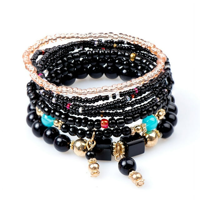 Nvzi Pulseras de cuentas apilables bohemias, juego de pulseras multicapa con dijes colgantes, brazaletes elásticos, color negro