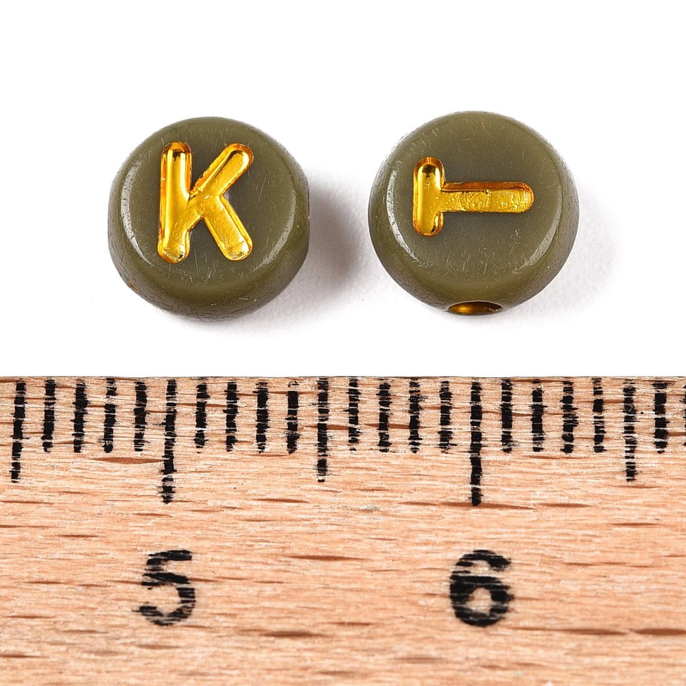 Plating Acrylic Beads with Metal Enlaced Flat Round with Letter Dark Khaki 7x4mm Hole: 1.6mm about 3330pcs/500g