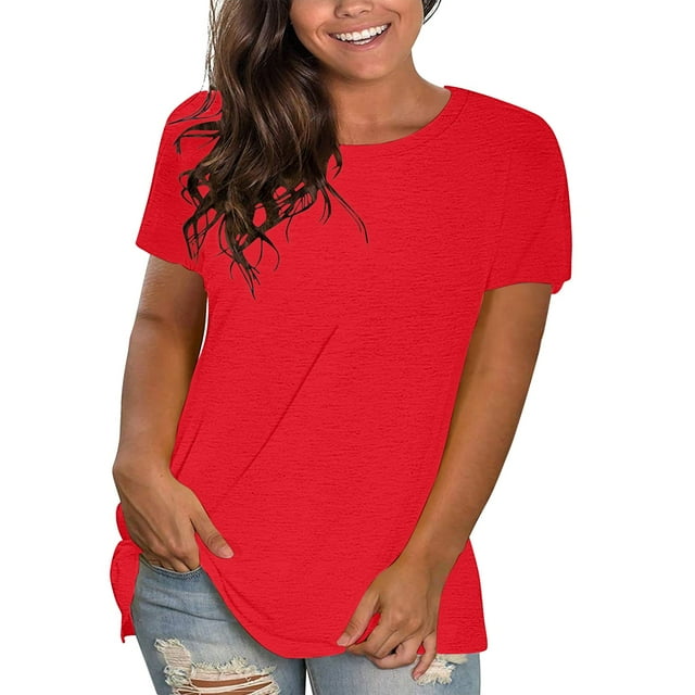 Breezora Blouse Décontractée à Manches Courtes et Col Rond pour Femmes, Coton Léger, Confortable, Coupe Ample, Usage Quotidien, Haut Polyvalent, Taille TP, Rouge