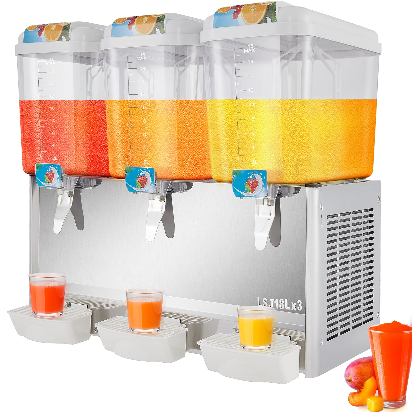 VEVOR Commercial Beverage Dispenser 13.6 qt 12L 3 Tanks Ice Tea Drink Machine 620W 304 Stainless Steel Juice Dispenser with 41°F-53.6°F Thermostat