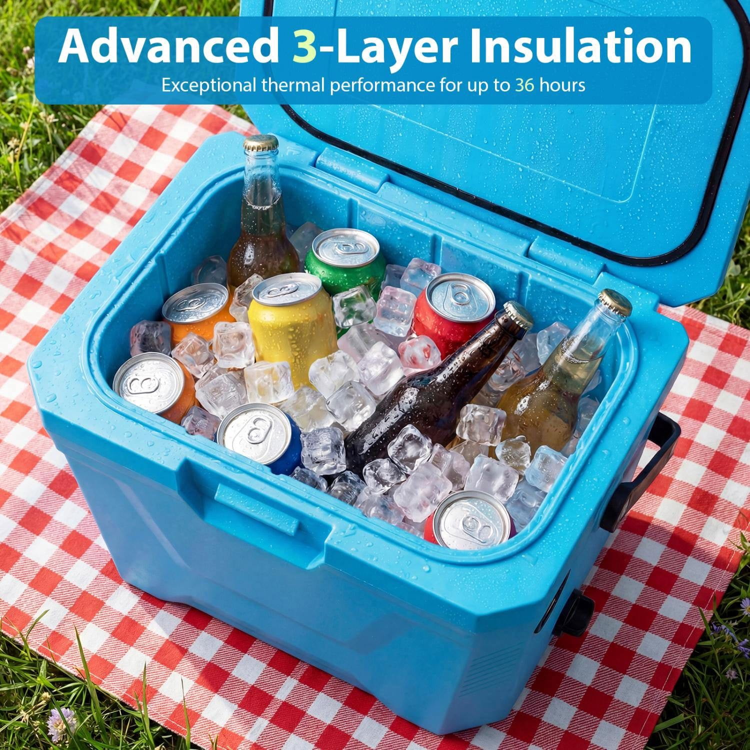 Resenkos Insulated Hard Shell Portable Cooler Ice Chest with 2 Cup Holders, Leak Proof Outdoor Cooler for Camping, Beach and Picnics, Blue