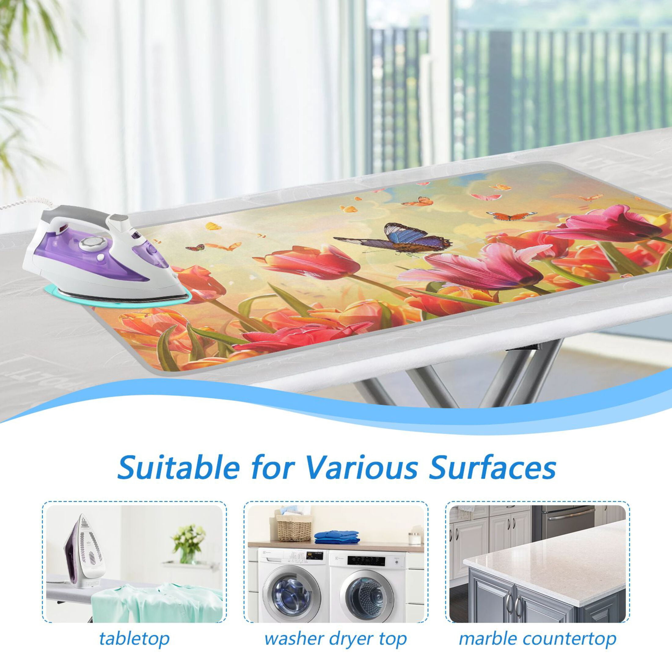 Tulips Butterflies Sun Oil Painting Ironing Mat Blanket Portable Travel Ironing Pad Heat Resistant Pad 47.2" x 27.6”