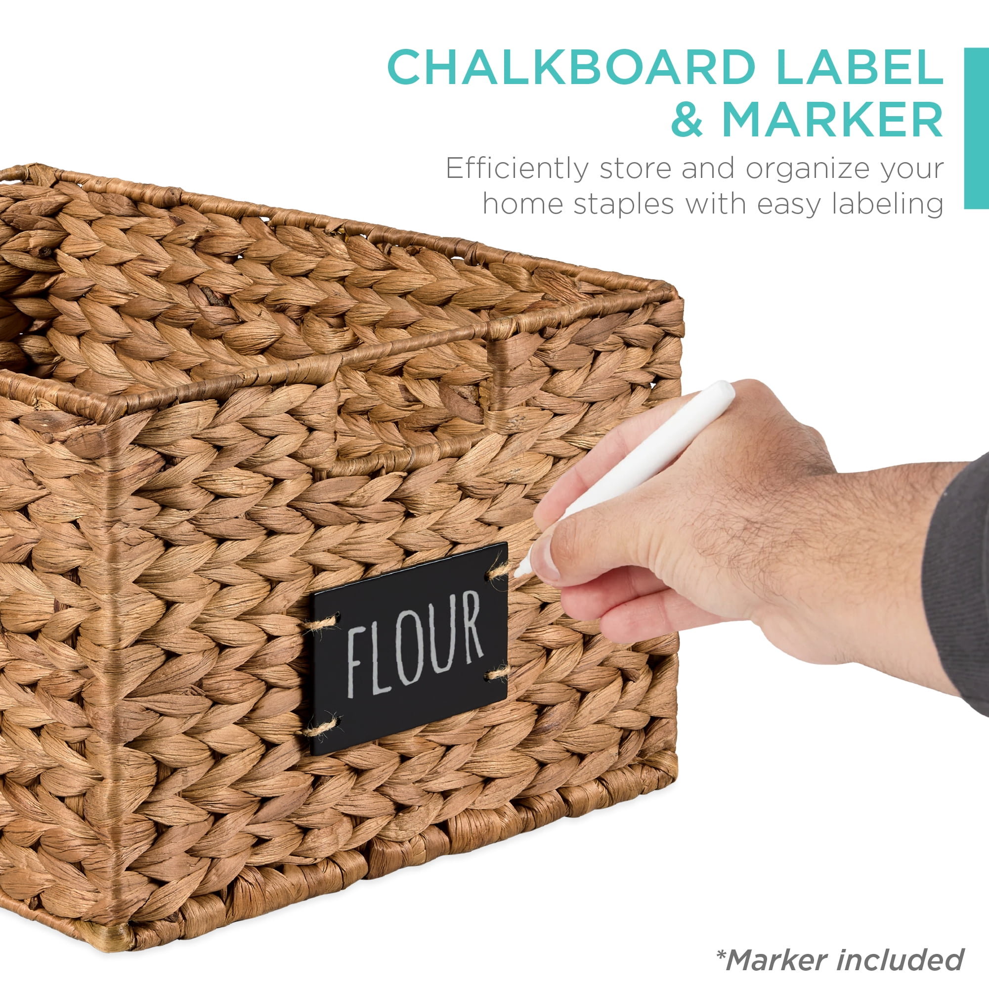 Best Choice Products Set of 2 16in Woven Water Hyacinth Pantry Baskets w/ Chalkboard Label, Chalk Marker - Chestnut
