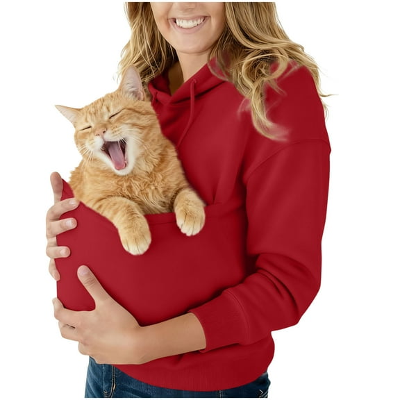 Women’s Pet Carrier Hoodie Fleece Kangaroo Pocket Sweatshirt with Built In Pouch for Small Cats and Dogs Cute Animal Holder Pullover Top,Wine,S