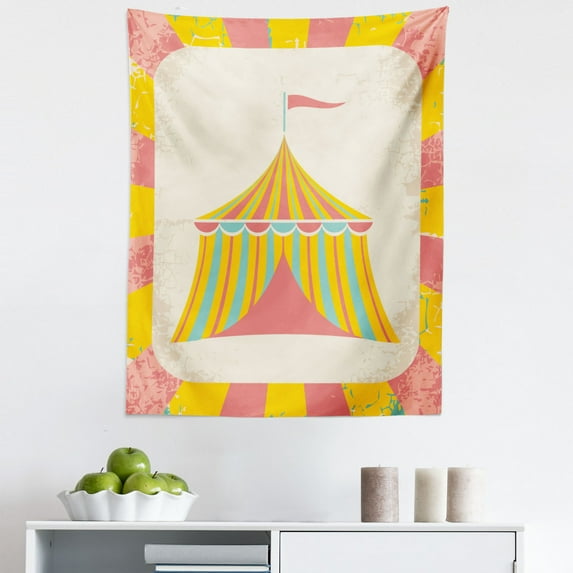 Vintage Tapestry, Circus Tent Illustration with Grunge Look Vintage Entertainment Carnival Theme Art, Fabric Wall Hanging Decor for Bedroom Living Room Dorm, 5 Sizes, Multicolor, by Ambesonne