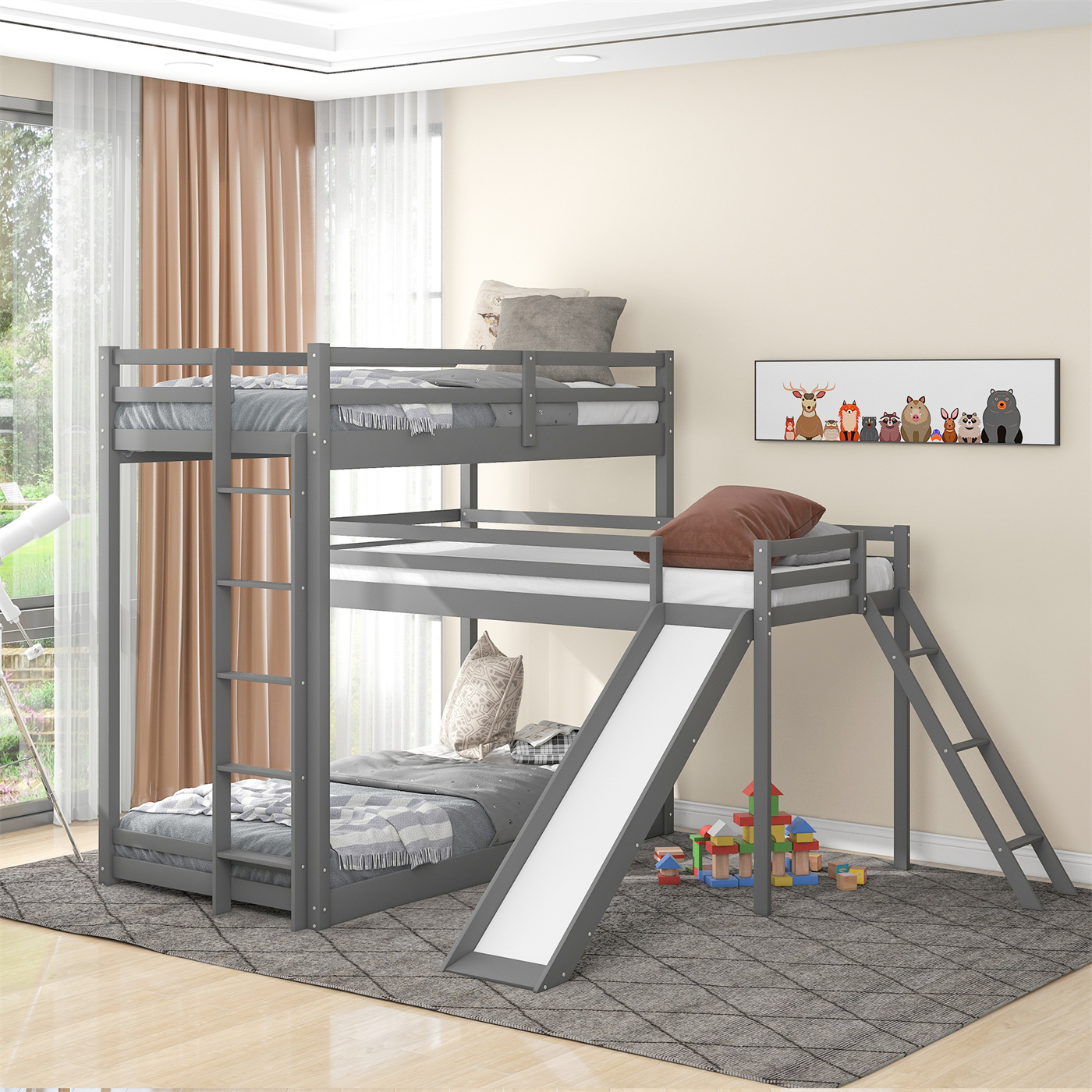 Lshaped Triple Bed, Twin Size Wooden Triple Bunk Bed Frame with Slide