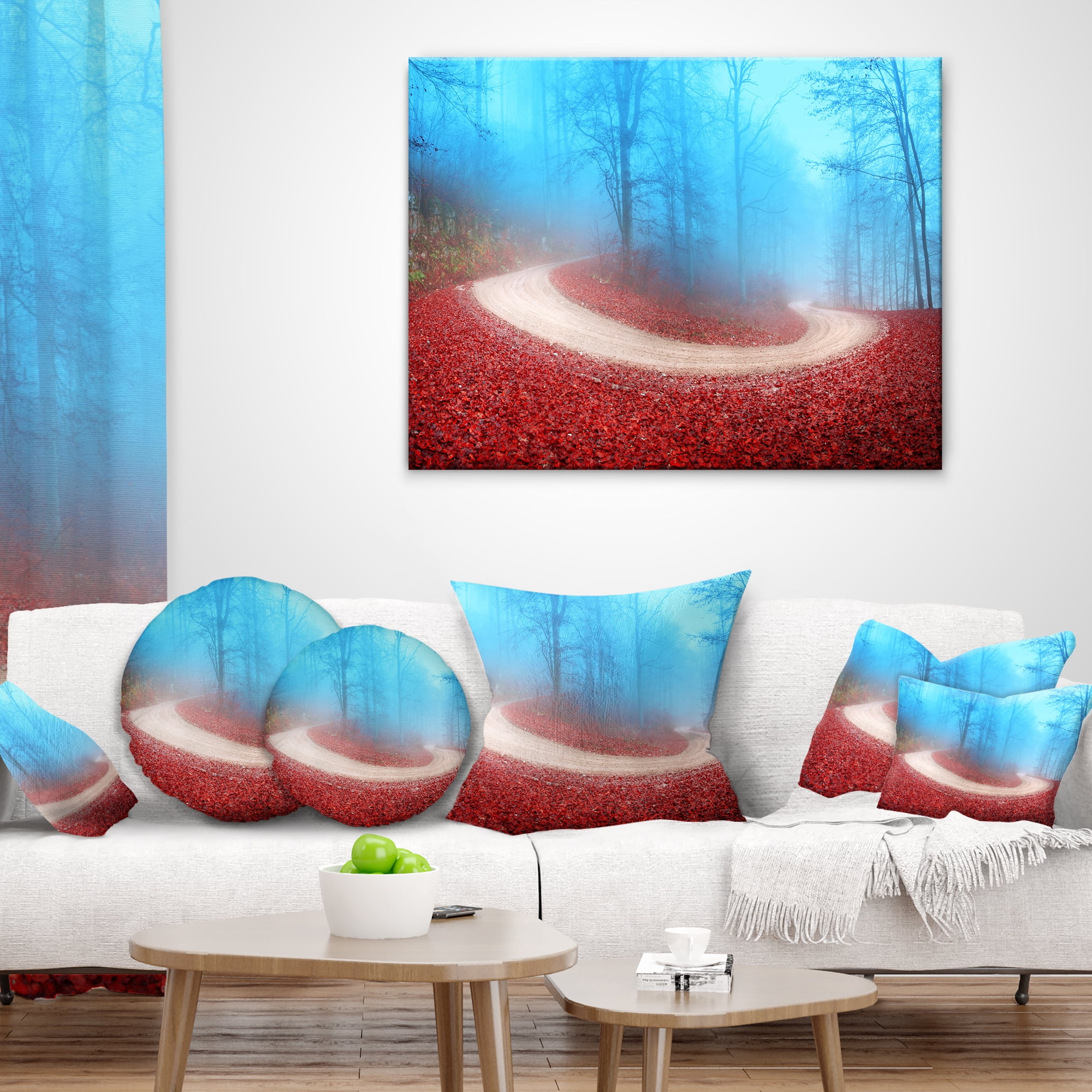 Designart Curved Road in Autumn Forest - Landscape Photo Throw Pillow - 18x18