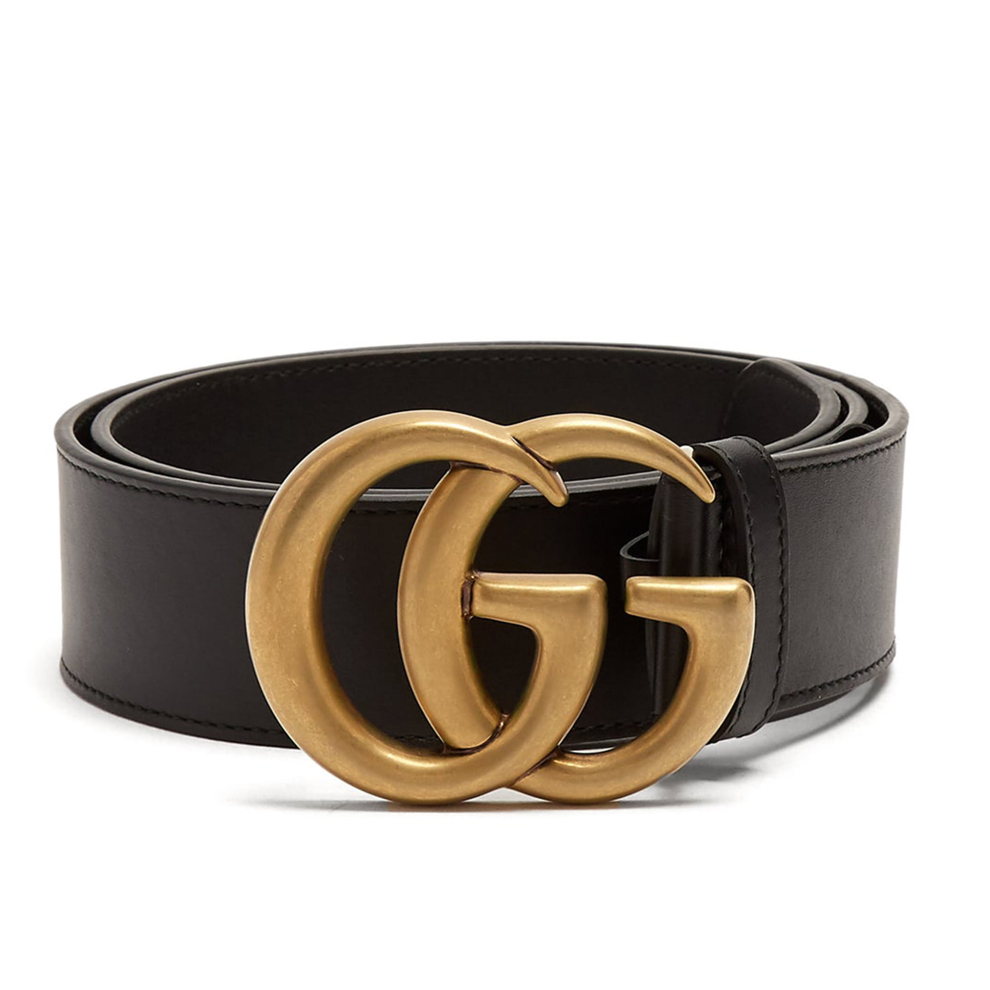 Gucci - Gucci Men's Black Leather Wide Gold Buckle Logo Belt 70