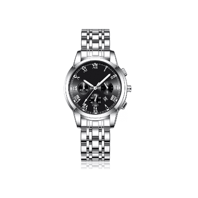 reloj con fechador correa metálica hombre plata interior negro LAB.G reloj de hombre con caja y correa de acero plateado, esfera negra con números romanos y subesferas, movimiento de cuarzo, tres botones laterales tipo mariposa y cristal espejo; luz luminosa y fechador visible. Vista frontal centrada sobre fondo blanco.