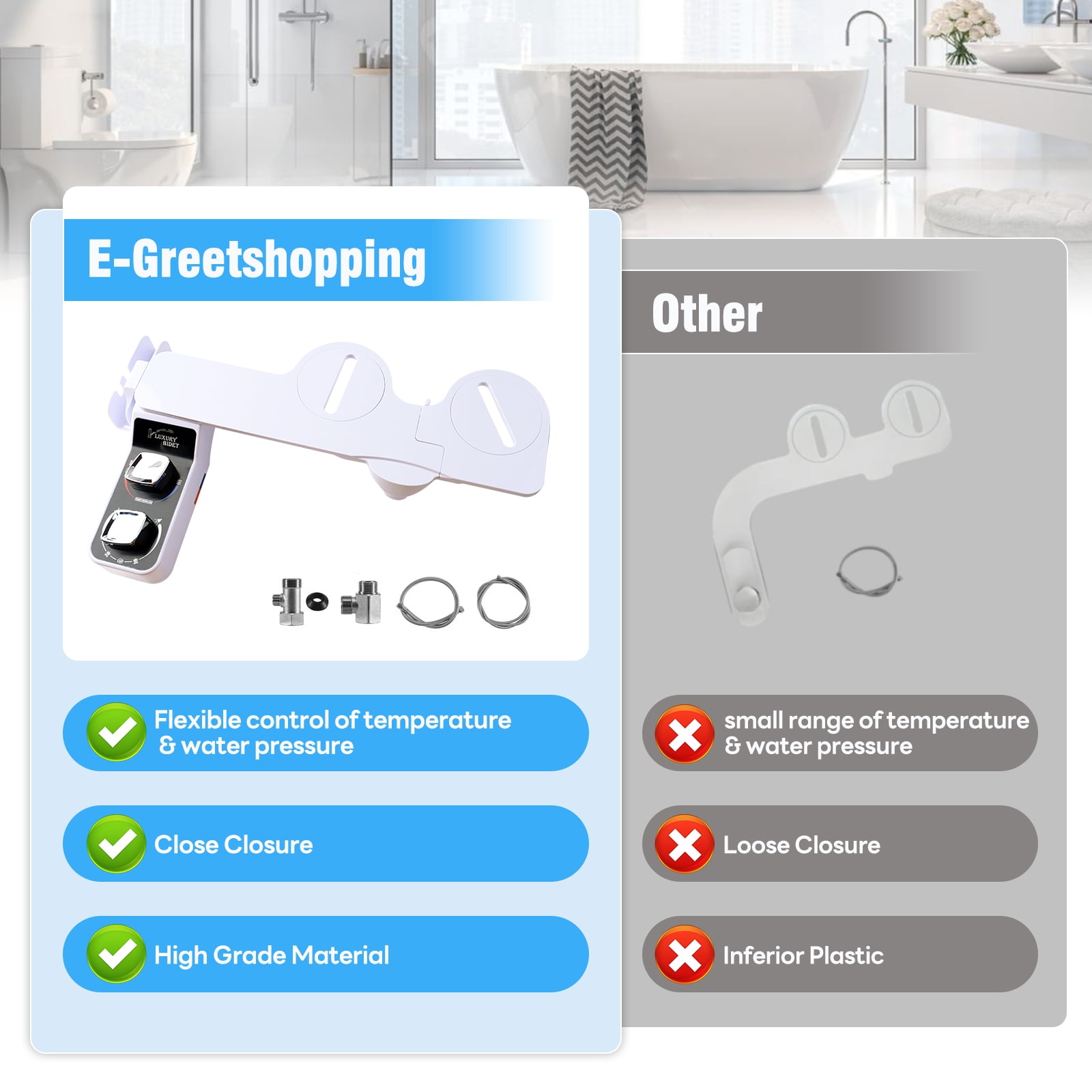 E-Greetshopping Bidet Attachment – Dual Nozzle with Hot & Cold Water, Rear and Feminine Wash, Includes Storage Hooks