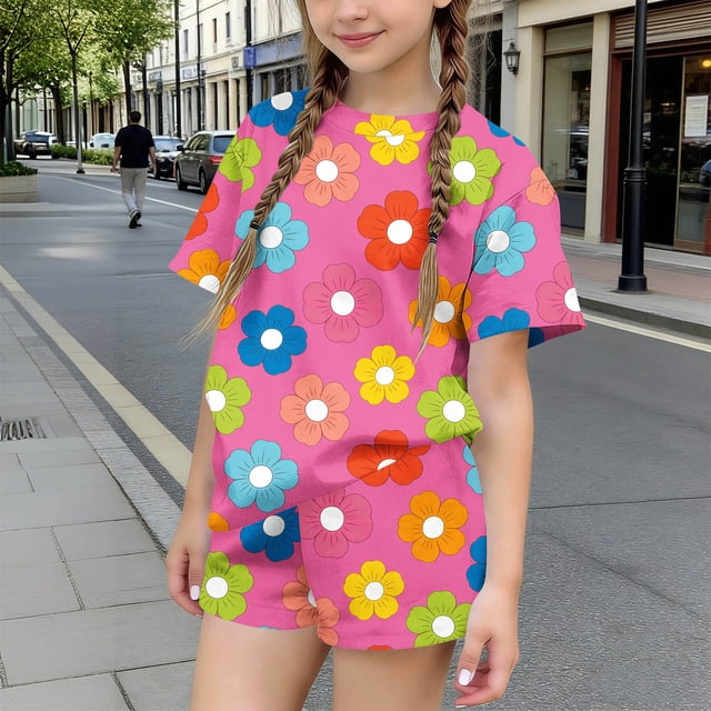RKSTN Girls Ensembles pour Filles, T-Shirts à Col Rond à Manches Courtes à Imprimé Floral Coloré avec Shorts, Grande Enfant, Ensemble Pièce Two (Rose Vif, 3-4 Ans)