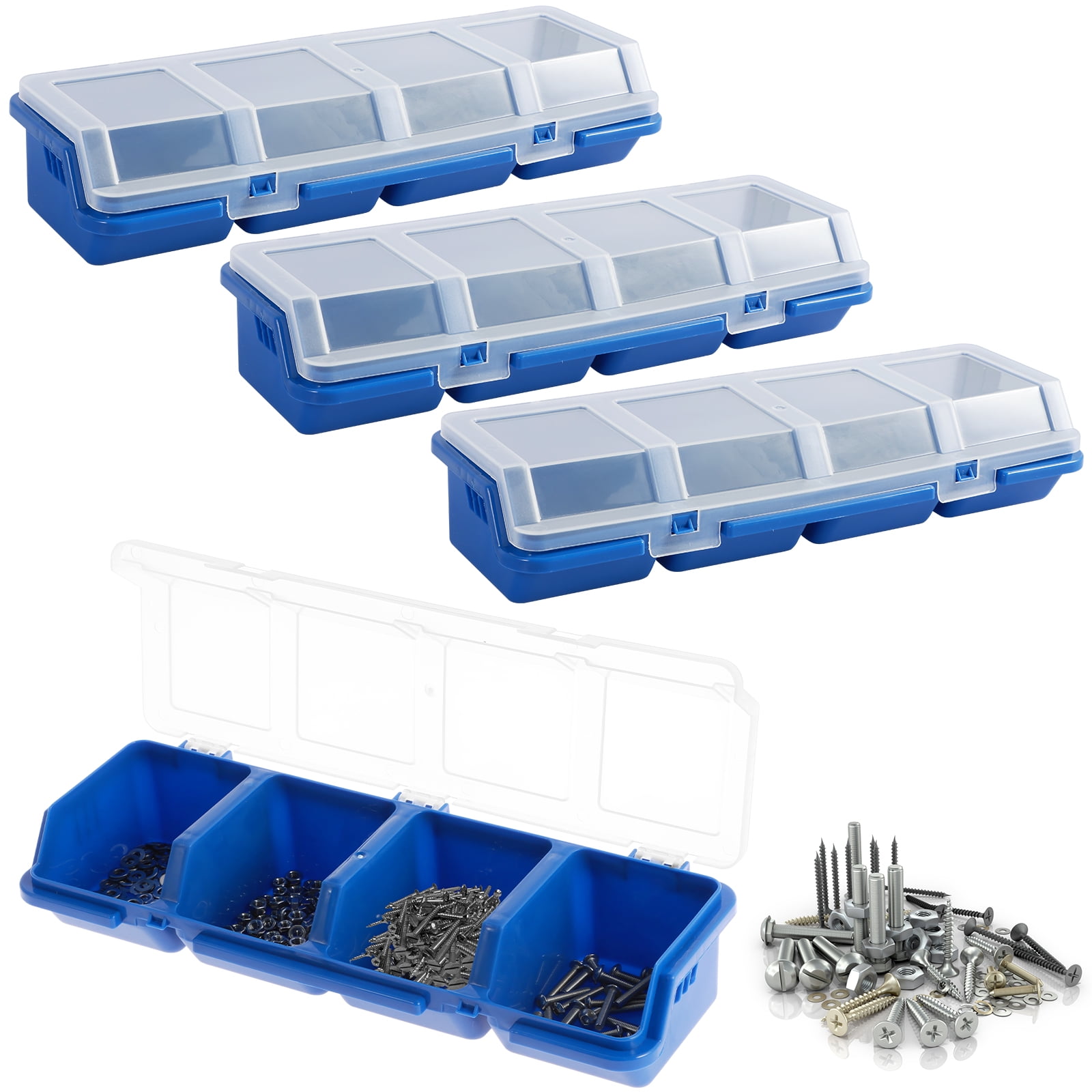Grusce 4Pcs Parts Storage Box Plastic Screw Organizer Box with 4 Compartment Small Tool Part Container Bin with Lid and Lock Durable Divided Hardware Storage Bin for Garage Workshop